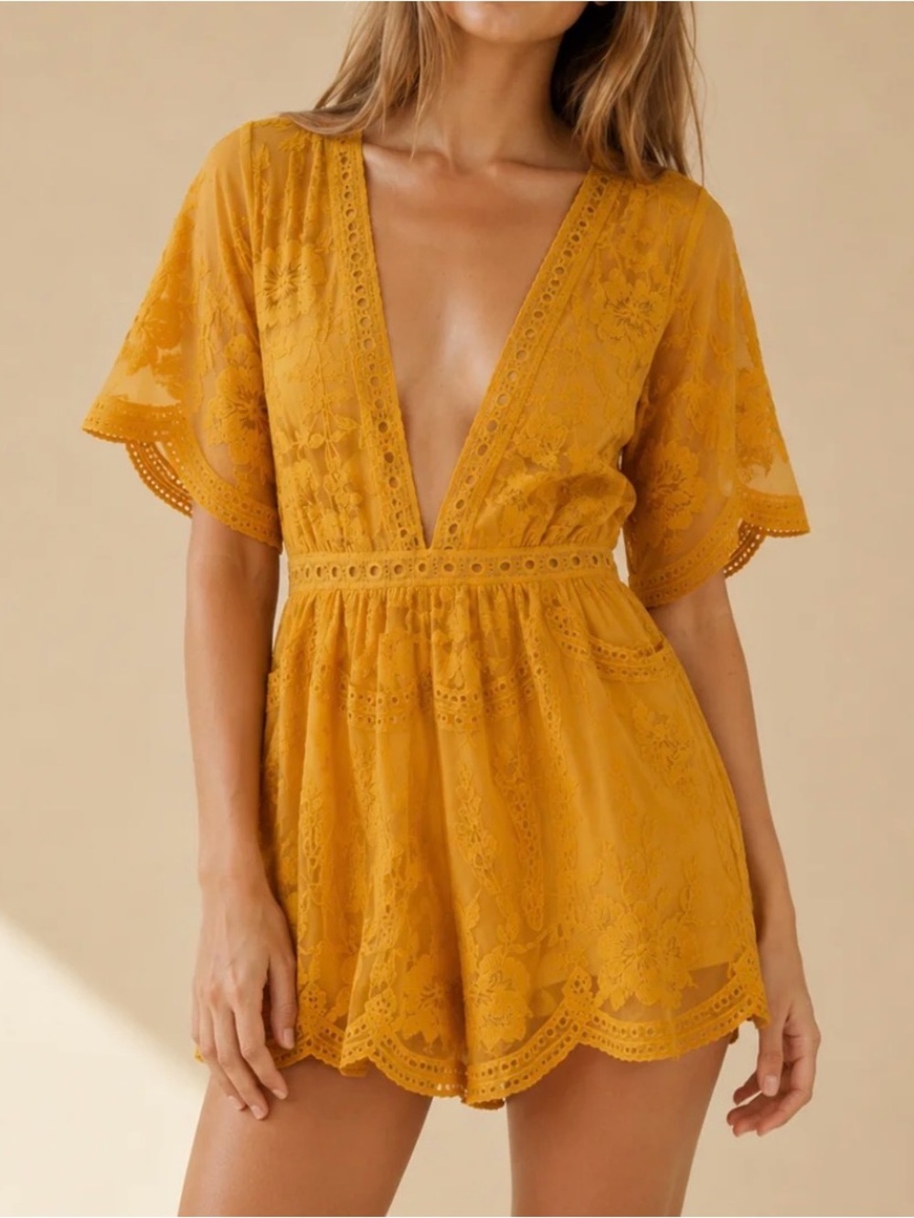 Wild Honey Mustard Embroidered Lace Plunge Romper - Size Small